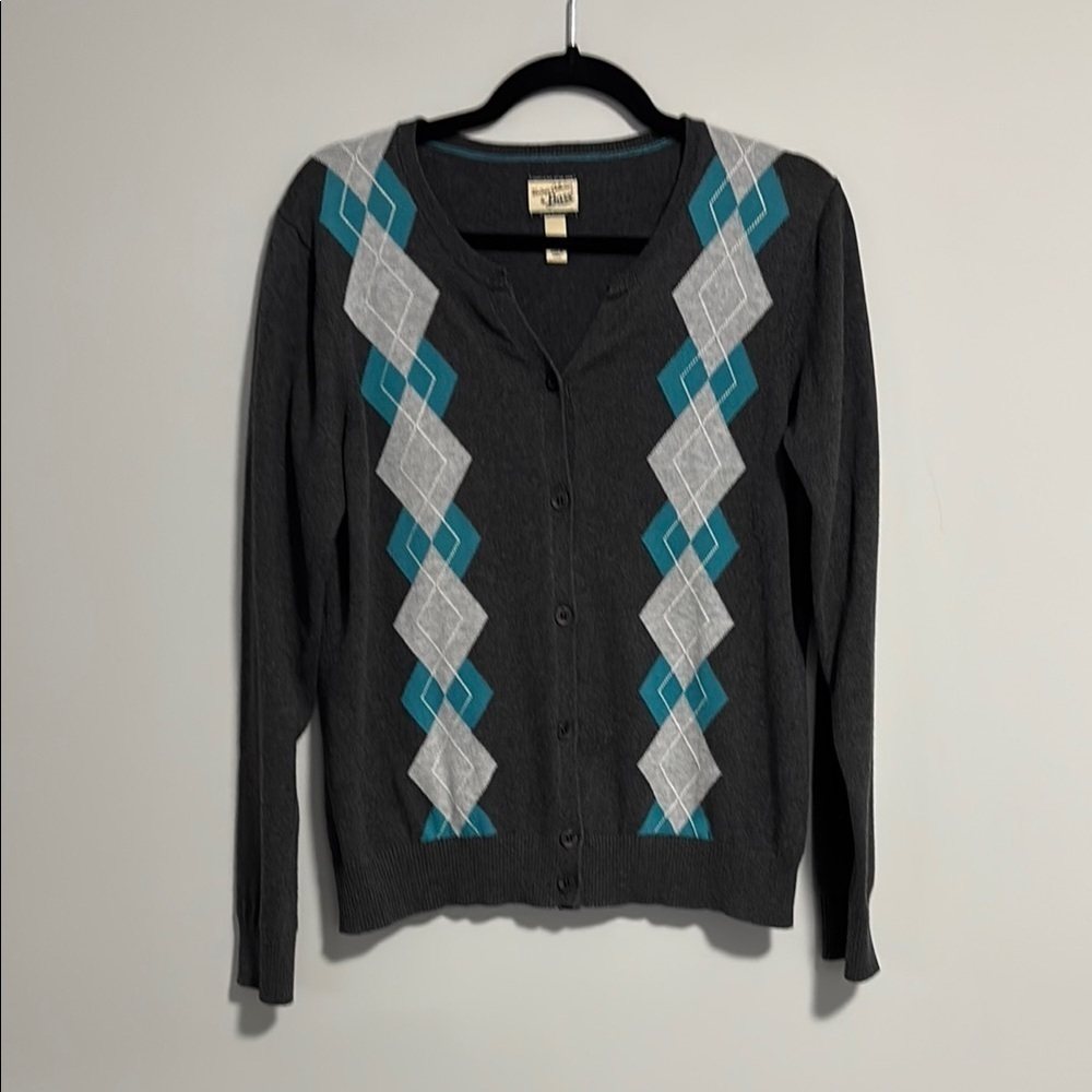 GH Bass 100% Cotton Argyle Sweater Button Front Large